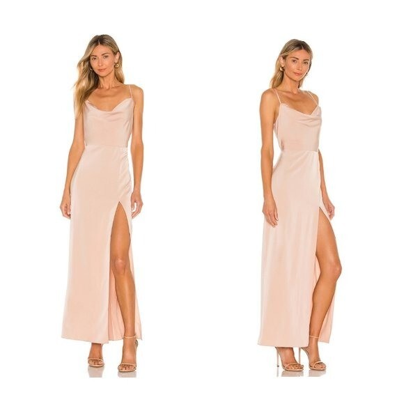 NBD | Lila Formal Draped Slit Party Cocktail Long Dress Gown Champagne Size XS